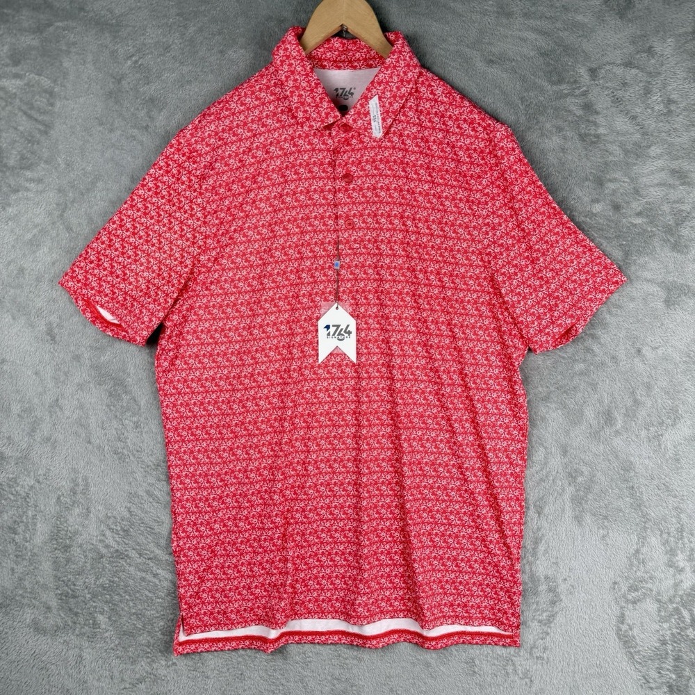 1764 Signature Mens L Bicycle Print Golf Polo Shirt Red Performance Stretch NWT